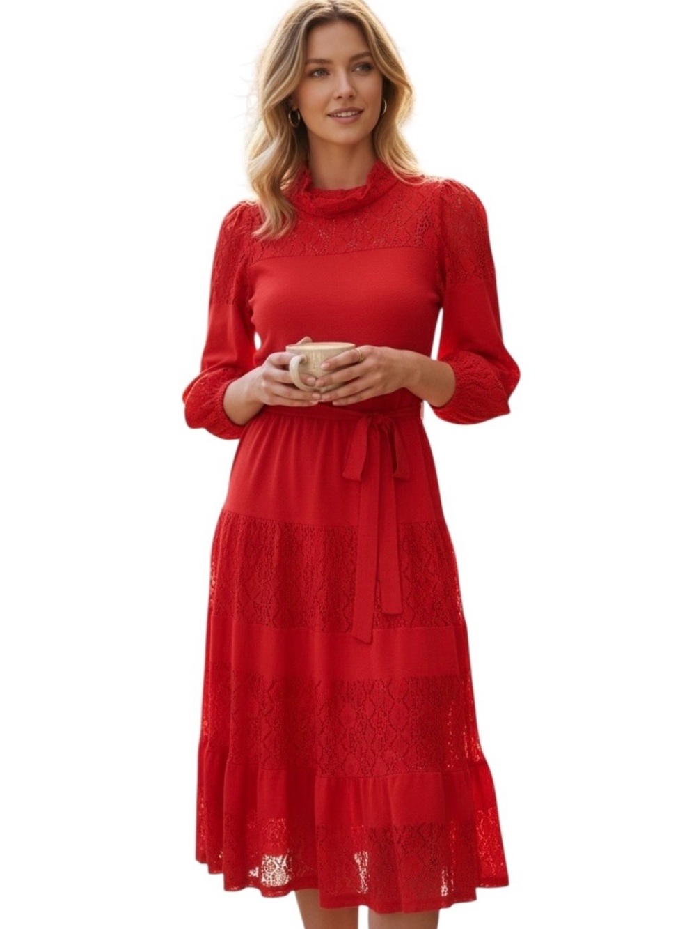 Miss JoAnn California Vintage Bright Coral Pointelle Knit Midi Dress LS   Sz 8